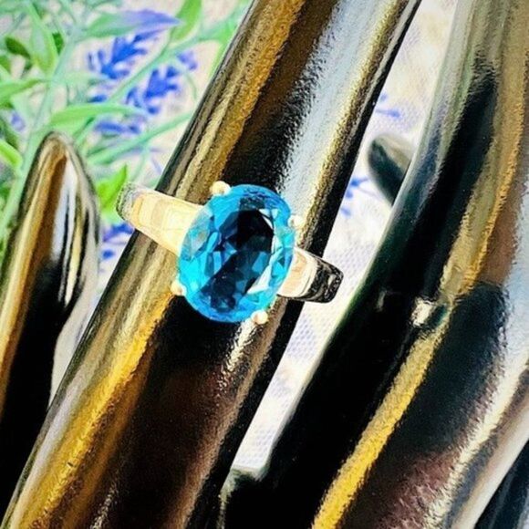 Oval Gem Cut Prong Set Sapphire Blue Crystal Cocktail Ring 6 - Picture 2 of 8